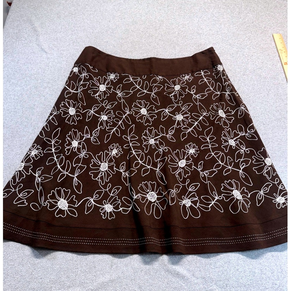 Carole Little Woman Plus Size 20 Brown Linen Rayon Floral Embroidered Midi Skirt